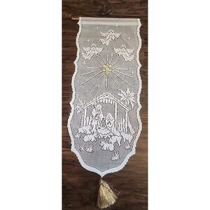 Nativity Holy Family Wall Decor White Lace Hanging Gold metallic Star